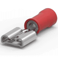 640917-1 RECEPTACLE/Female, insulated, red, 300 VAC, PIDG series. Stud/tab size: 4.75 mm X .51 mm. For use with 22-18 gauge wire