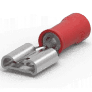 640917-1 RECEPTACLE/Female, insulated, red, 300 VAC, PIDG series. Stud/tab size: 4.75 mm X .51 mm. For use with 22-18 gauge wire