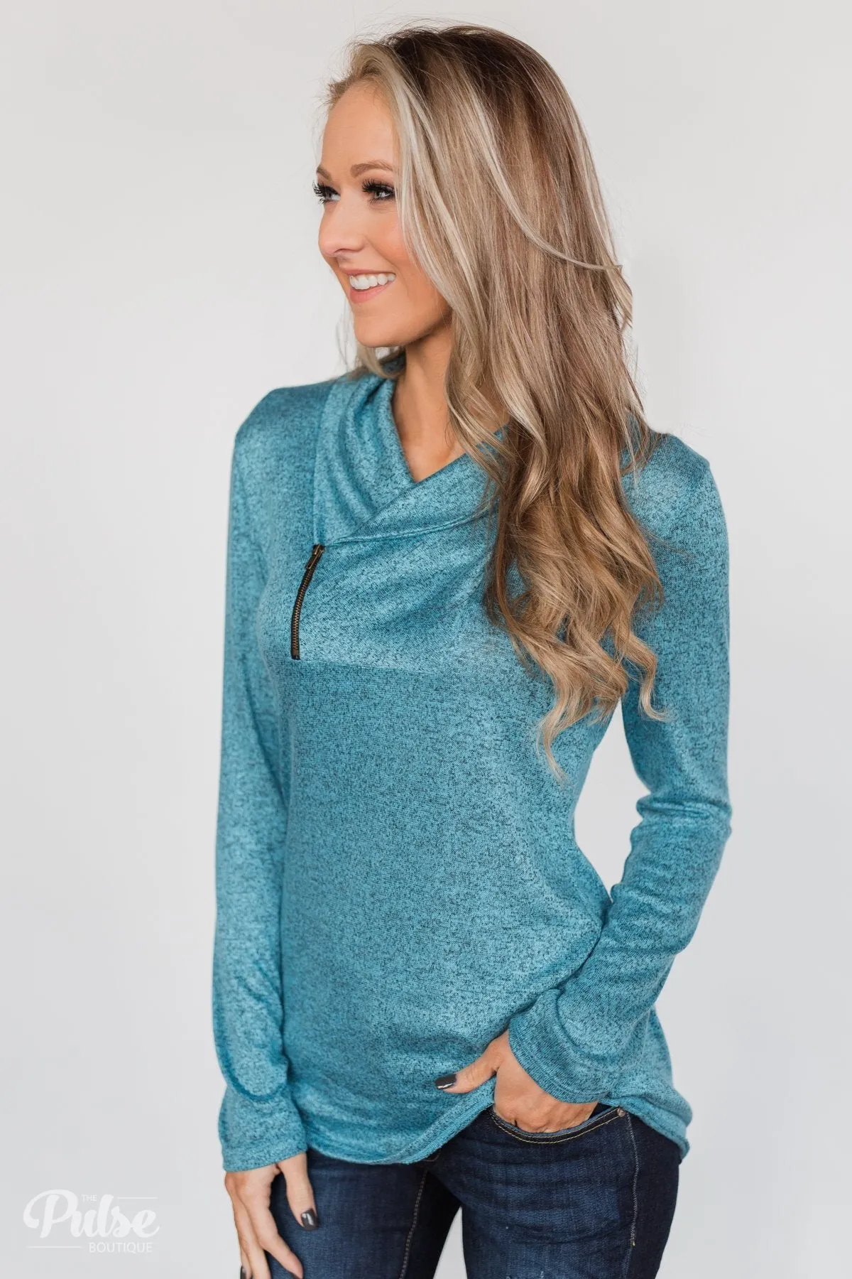 All This Time Zipper Pullover Top- Blue