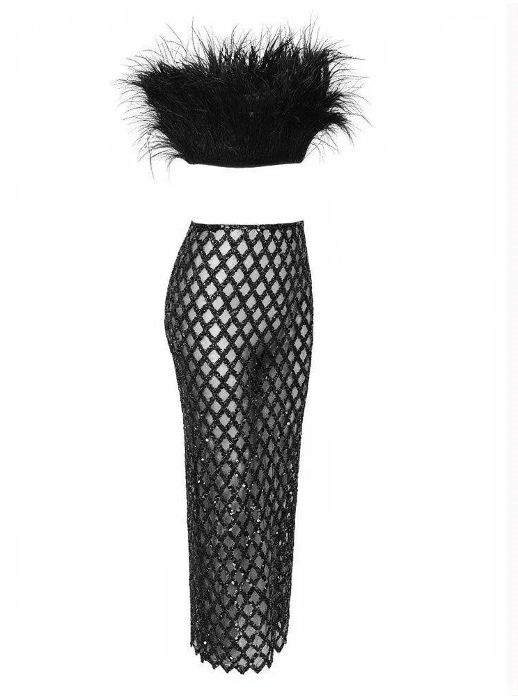 Ansley Strapless Feather Mesh Skirt Set In Black
