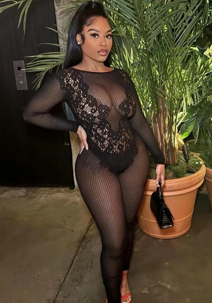 Bold Lace See-Through Slim Fit Long-Sleeved Jumpsuit