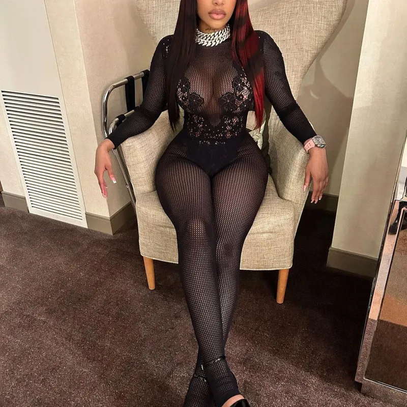 Bold Lace See-Through Slim Fit Long-Sleeved Jumpsuit