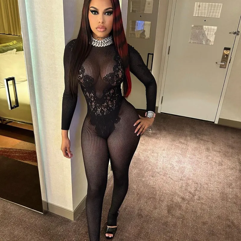 Bold Lace See-Through Slim Fit Long-Sleeved Jumpsuit