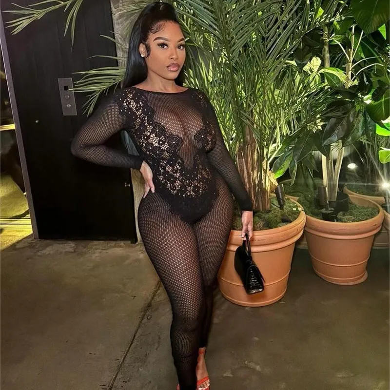 Bold Lace See-Through Slim Fit Long-Sleeved Jumpsuit