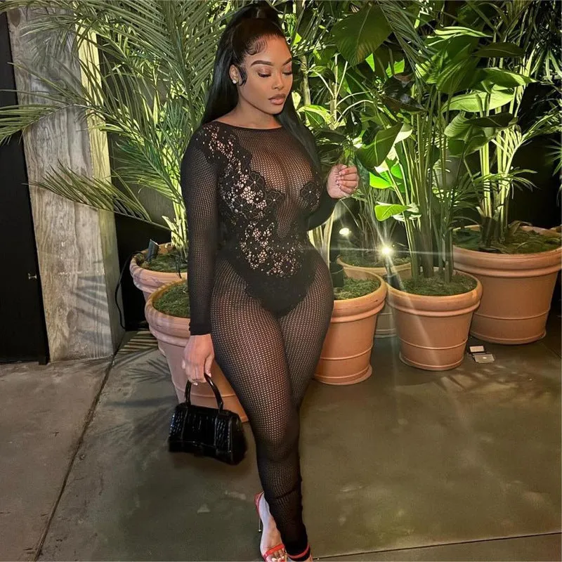 Bold Lace See-Through Slim Fit Long-Sleeved Jumpsuit