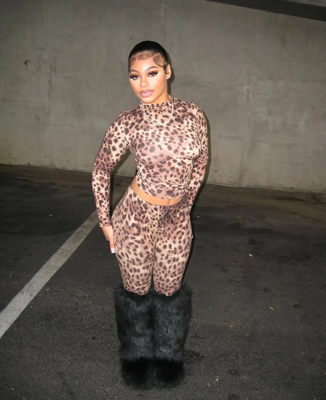 Bold Leopard Print Long Sleeve Two-Piece Set with Slim Fit