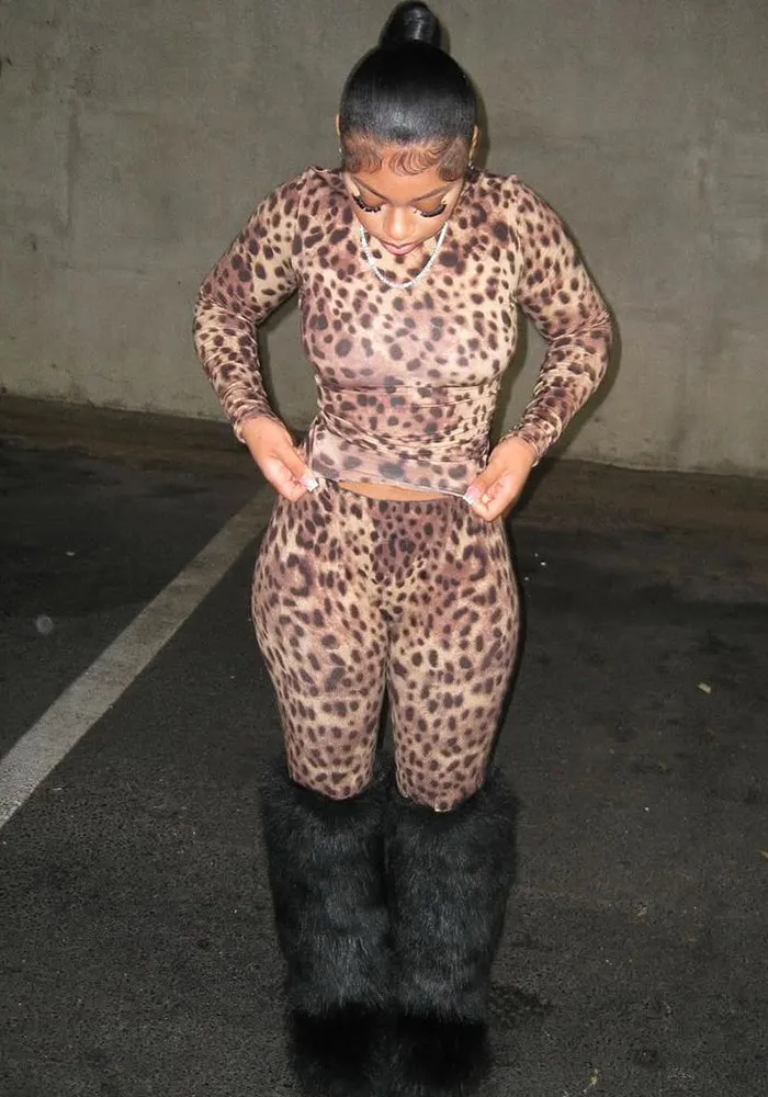 Bold Leopard Print Long Sleeve Two-Piece Set with Slim Fit