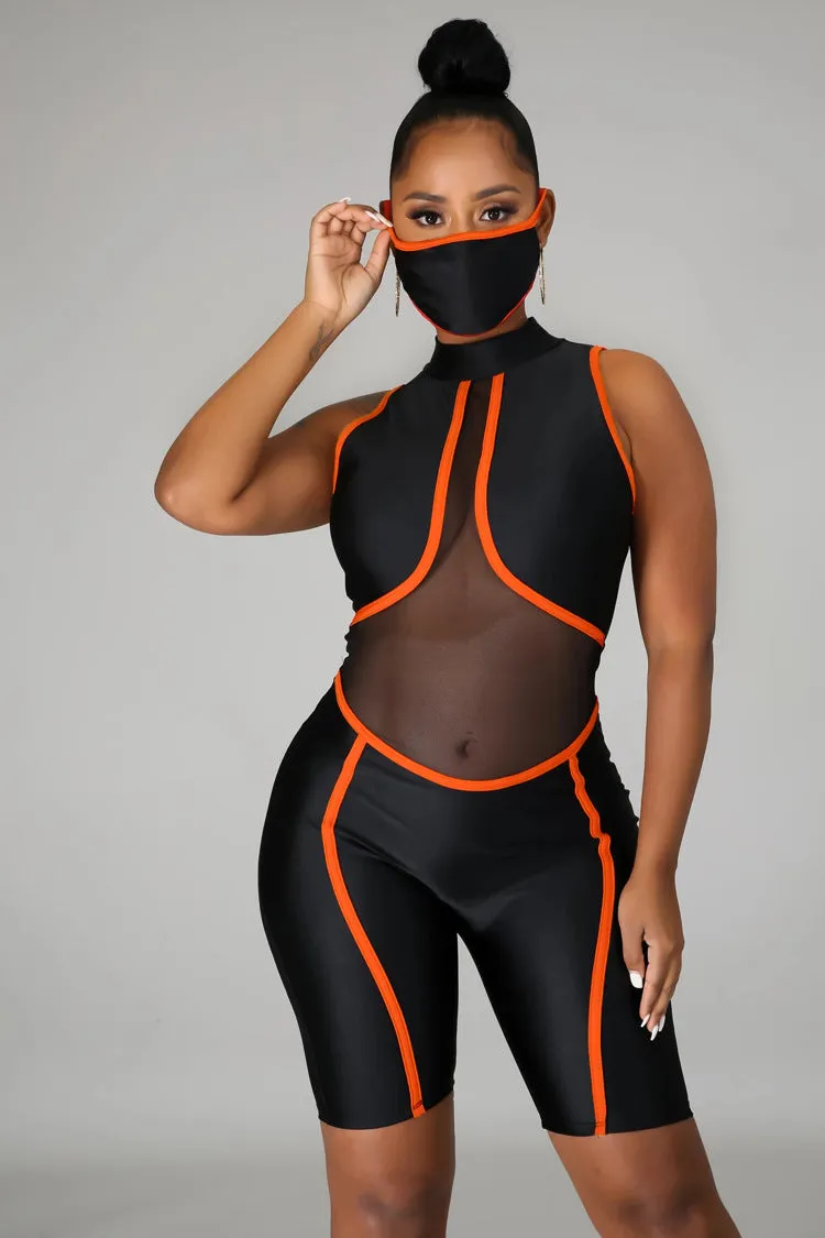 Bold Mesh Cutout Patchwork Biker-Style Jumpsuit with Striking Striped Details
