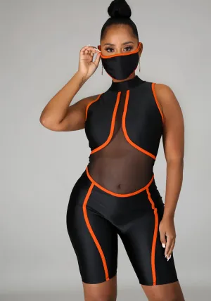 Bold Mesh Cutout Patchwork Biker-Style Jumpsuit with Striking Striped Details