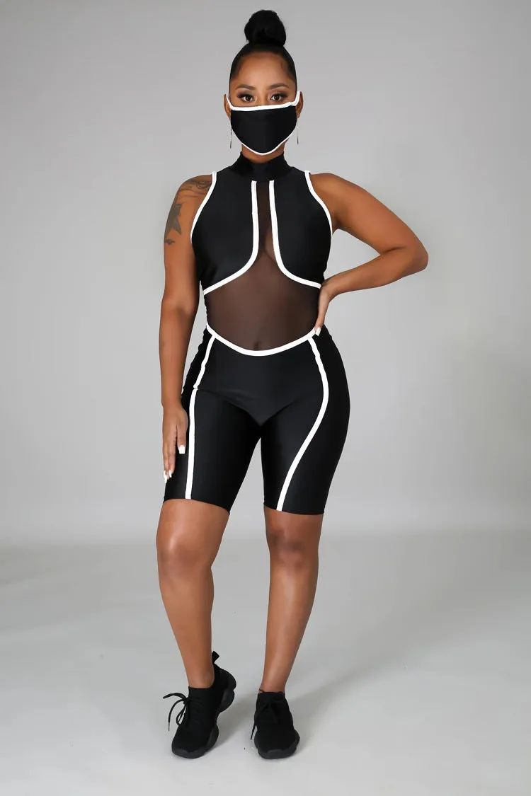 Bold Mesh Cutout Patchwork Biker-Style Jumpsuit with Striking Striped Details