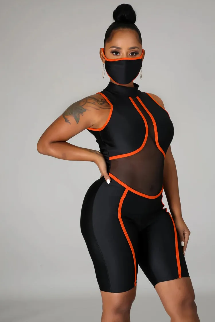 Bold Mesh Cutout Patchwork Biker-Style Jumpsuit with Striking Striped Details