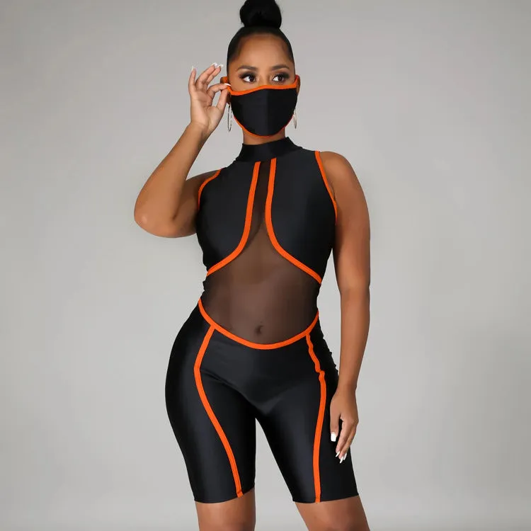 Bold Mesh Cutout Patchwork Biker-Style Jumpsuit with Striking Striped Details