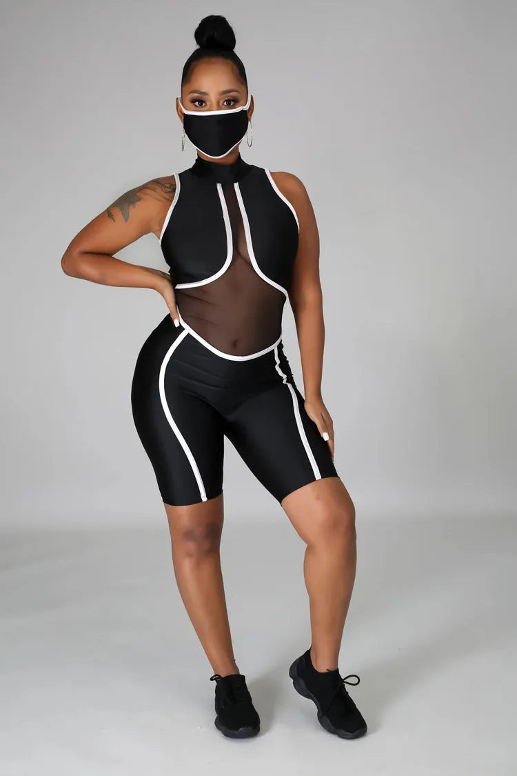 Bold Mesh Cutout Patchwork Biker-Style Jumpsuit with Striking Striped Details