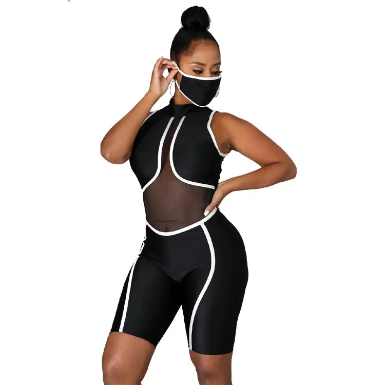 Bold Mesh Cutout Patchwork Biker-Style Jumpsuit with Striking Striped Details