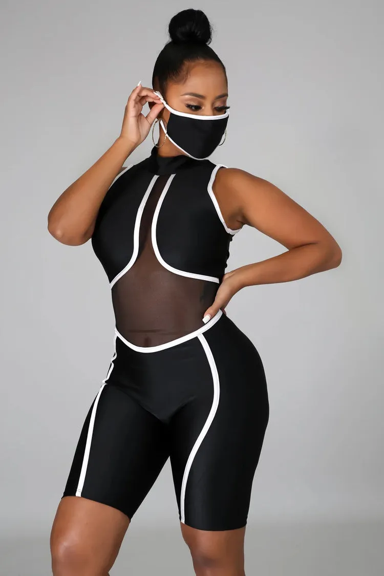 Bold Mesh Cutout Patchwork Biker-Style Jumpsuit with Striking Striped Details