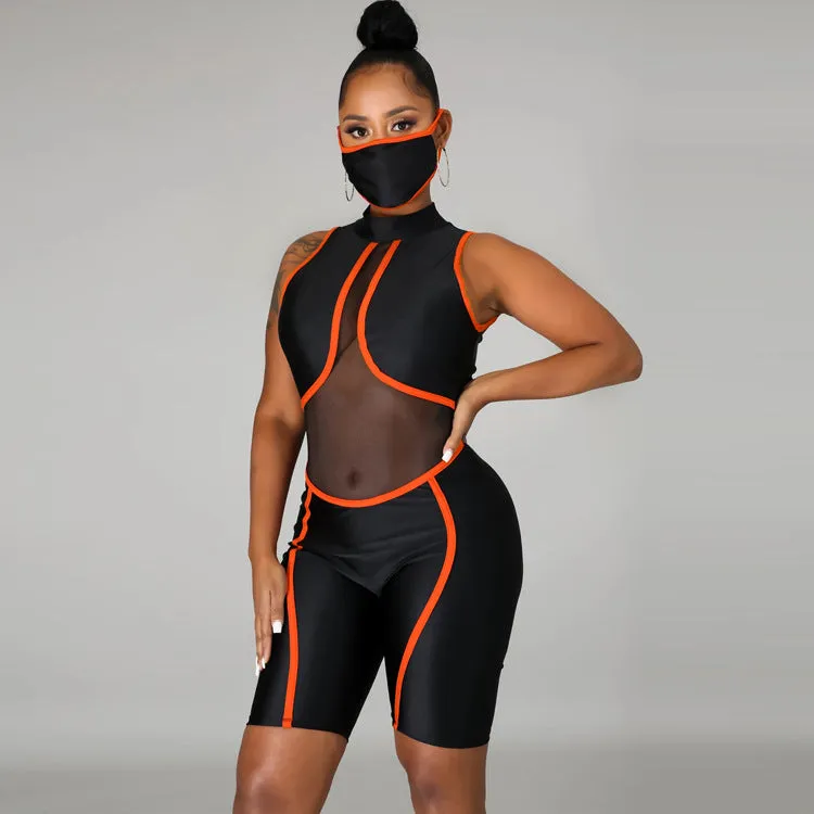 Bold Mesh Cutout Patchwork Biker-Style Jumpsuit with Striking Striped Details
