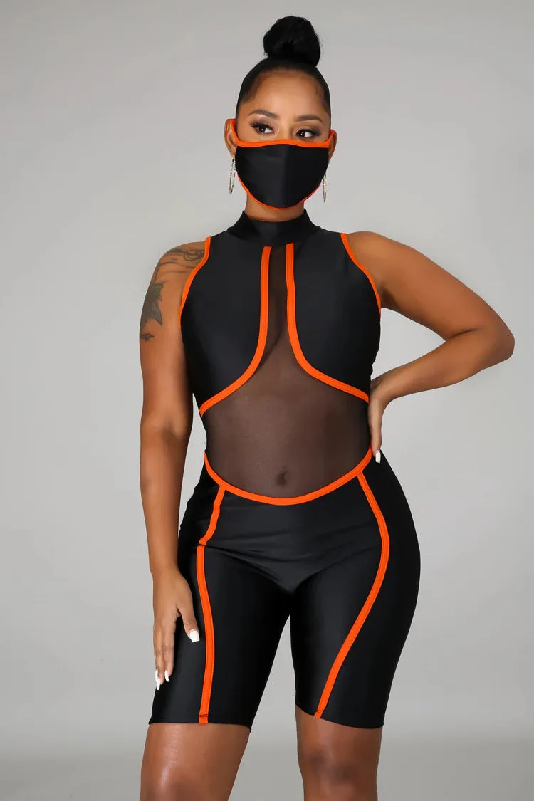 Bold Mesh Cutout Patchwork Biker-Style Jumpsuit with Striking Striped Details