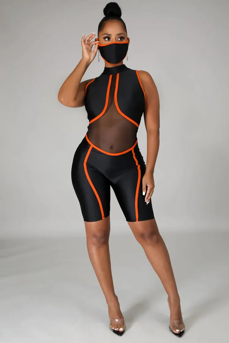 Bold Mesh Cutout Patchwork Biker-Style Jumpsuit with Striking Striped Details