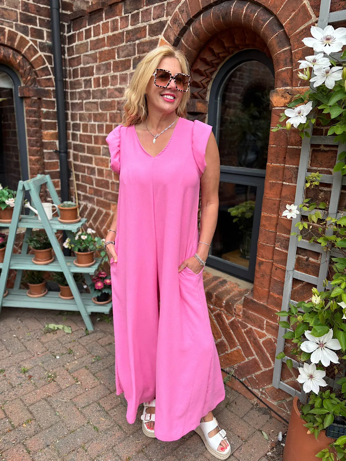 Candy Pink Frill Sleeve Jumpsuit Jessie