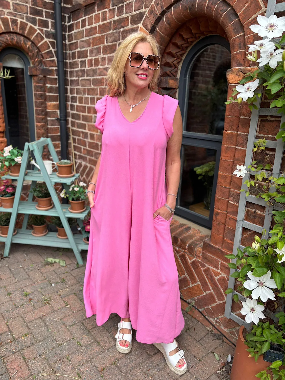 Candy Pink Frill Sleeve Jumpsuit Jessie