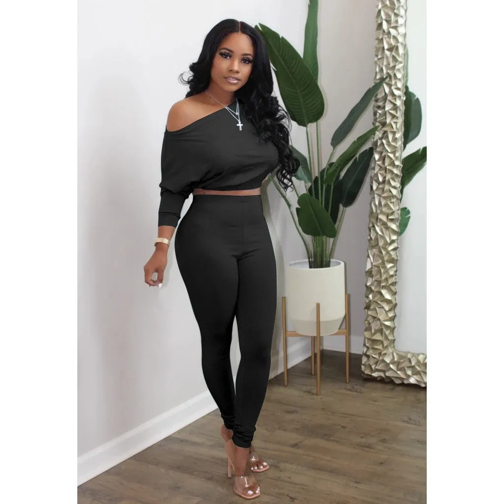 Chic Off-Shoulder Long-Sleeve Crop Top and High-Waist Leggings Set