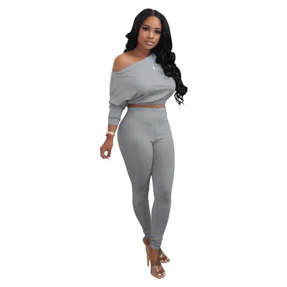 Chic Off-Shoulder Long-Sleeve Crop Top and High-Waist Leggings Set