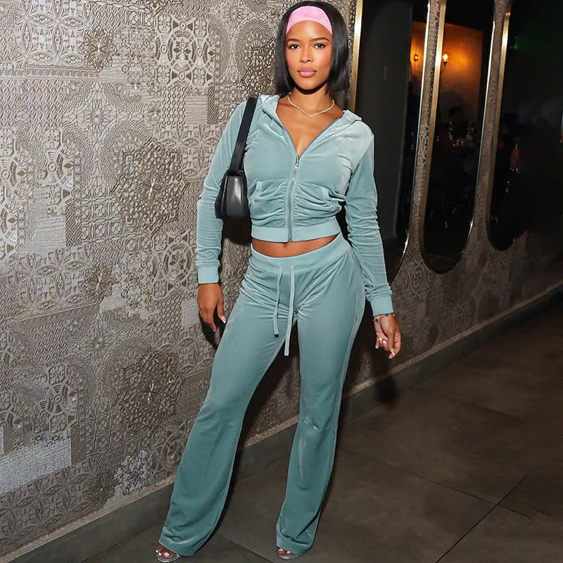 Chic Slim-Fit Hooded Jacket and Bell-Bottom Pants Set