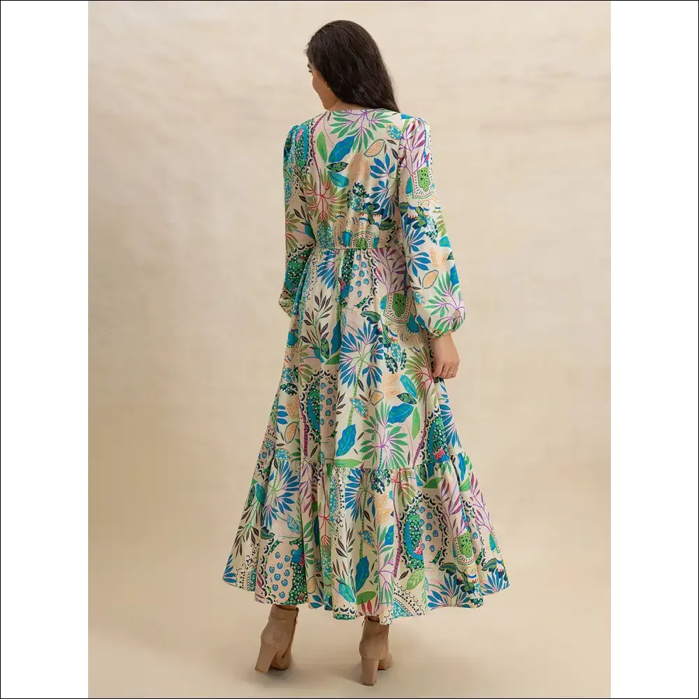 Chic Slit Printed V-Neck Long Sleeve Midi Dress
