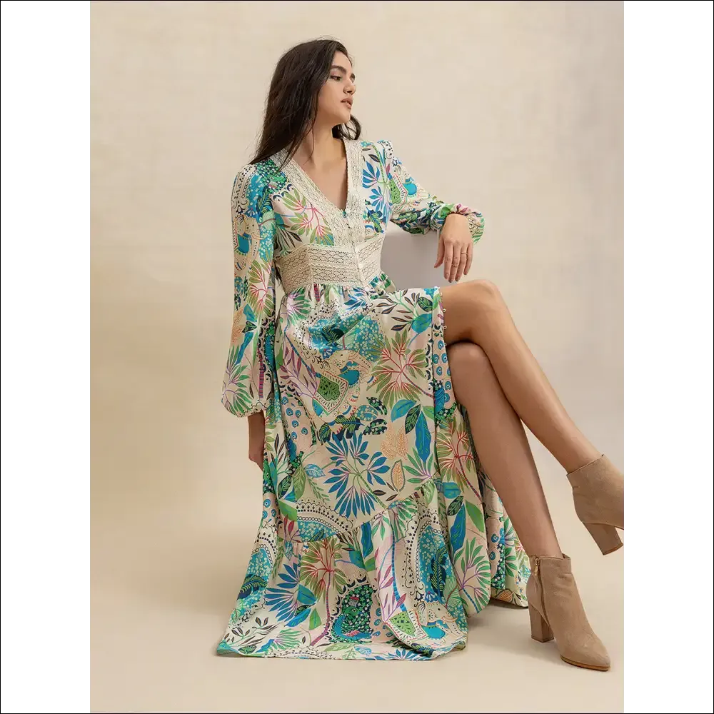 Chic Slit Printed V-Neck Long Sleeve Midi Dress