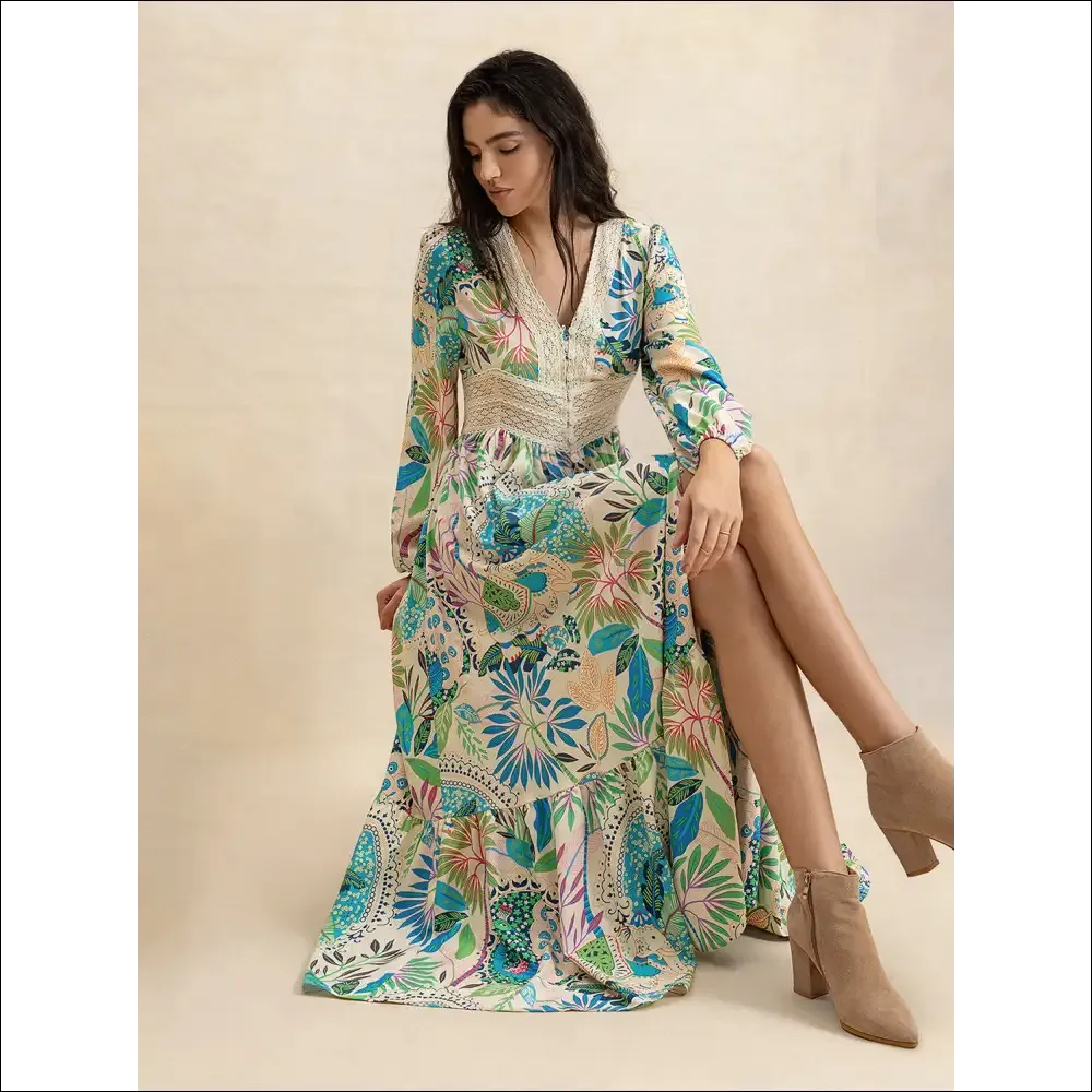 Chic Slit Printed V-Neck Long Sleeve Midi Dress