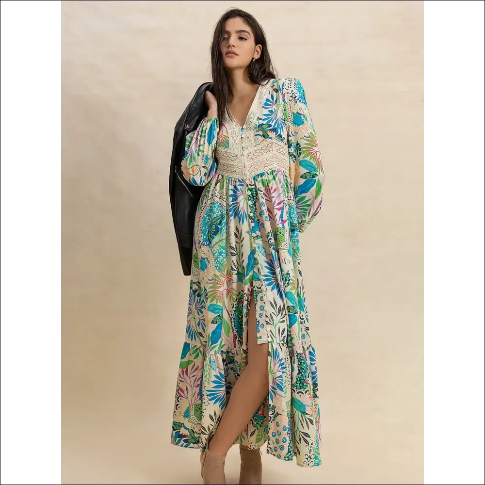 Chic Slit Printed V-Neck Long Sleeve Midi Dress