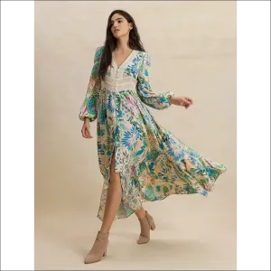 Chic Slit Printed V-Neck Long Sleeve Midi Dress