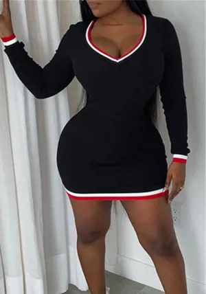 Classic V-Neck Long-Sleeve Bodycon Dress with Contrast Trim