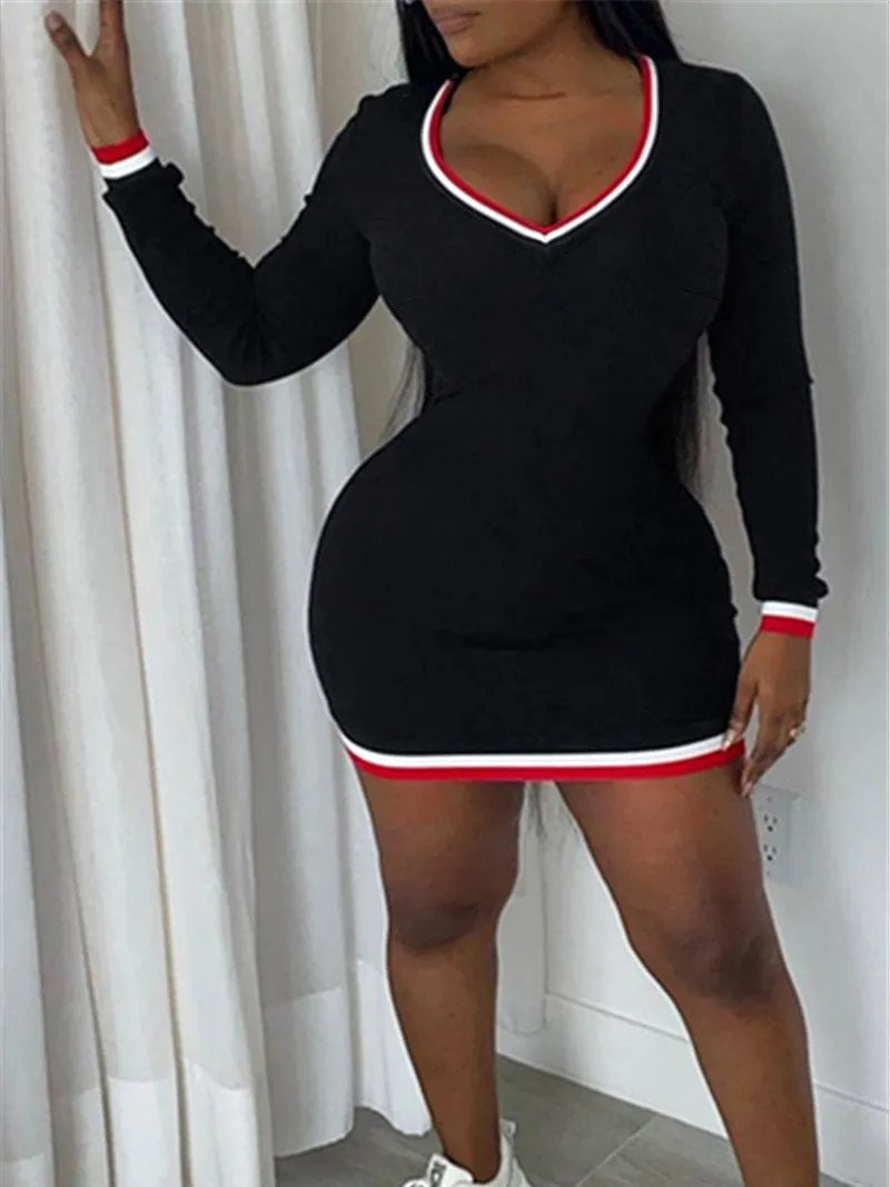 Classic V-Neck Long-Sleeve Bodycon Dress with Contrast Trim