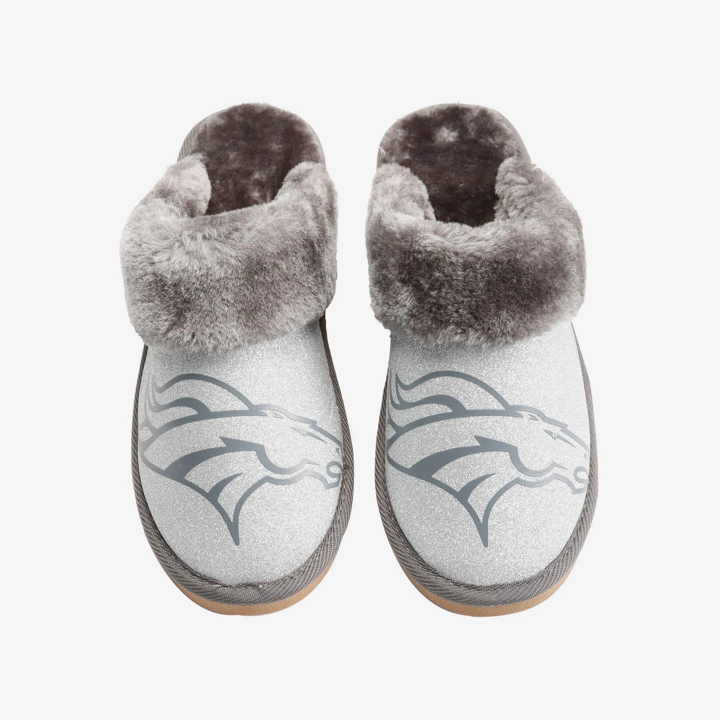 Denver Broncos Womens Glitter Open Back Fur Moccasin Slipper