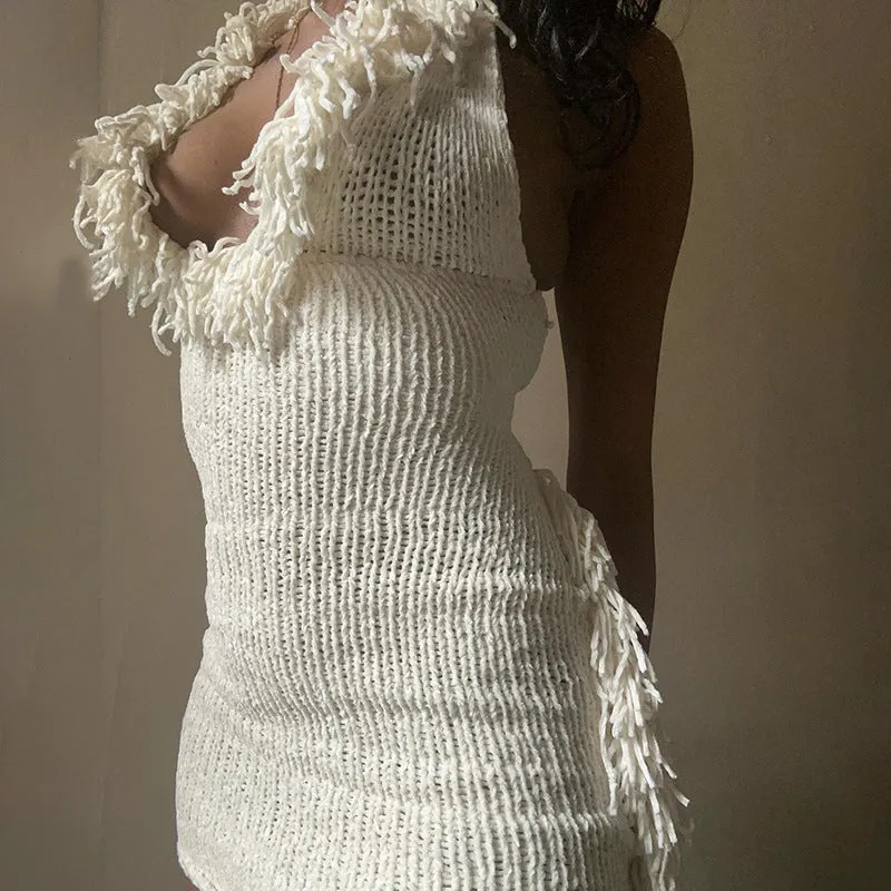 Exquisite Tassel Deep V-Neck Knit Dress for Bold Statement Looks