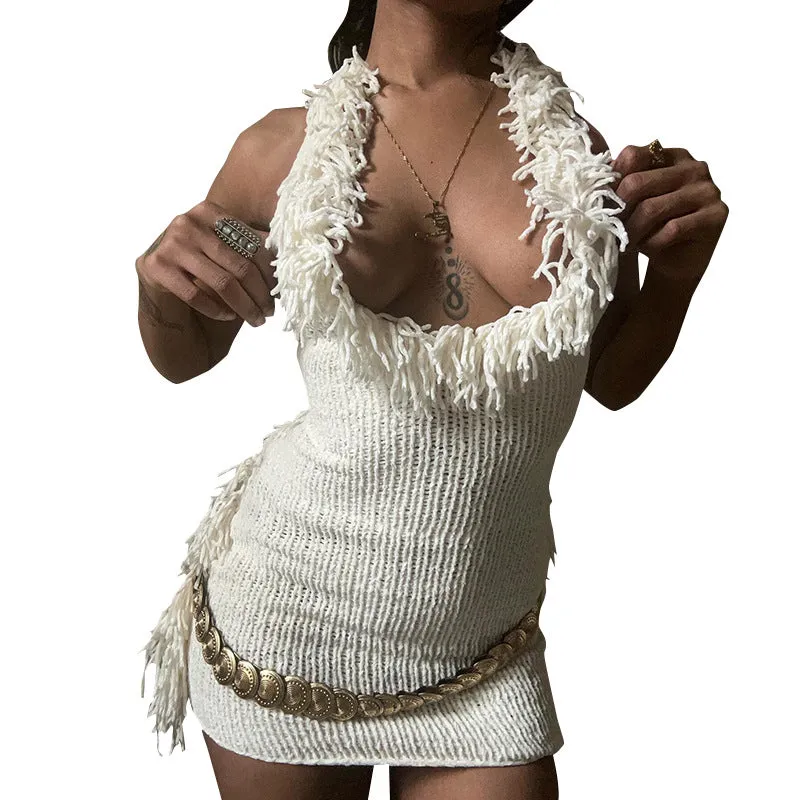 Exquisite Tassel Deep V-Neck Knit Dress for Bold Statement Looks