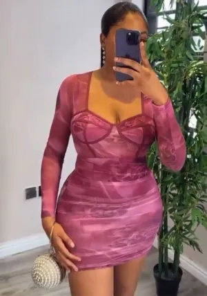 Glamorous Sheer Mesh Long Sleeve Bodycon Dress with Pleated Detail