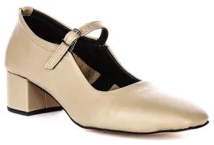 Justinreess England Kamila Square Toe Mary Jane Heel in Nude Leather