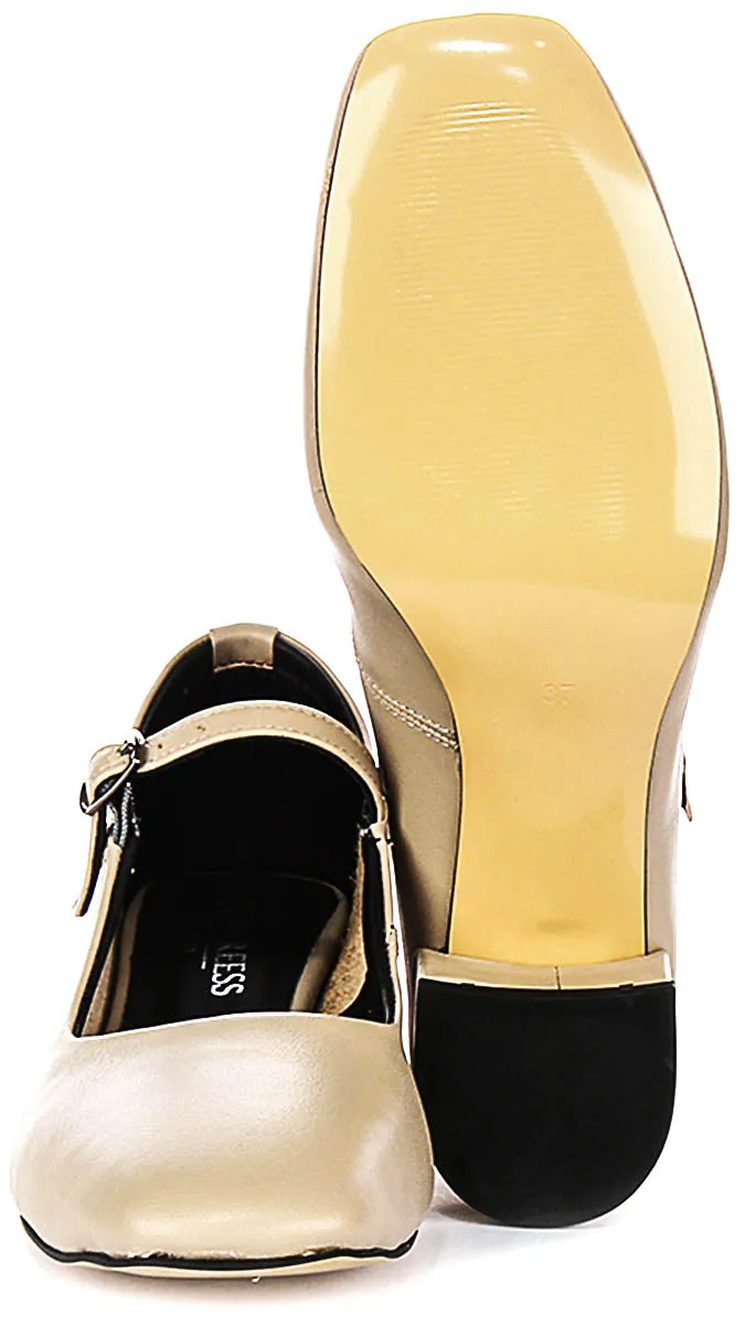 Justinreess England Kamila Square Toe Mary Jane Heel in Nude Leather