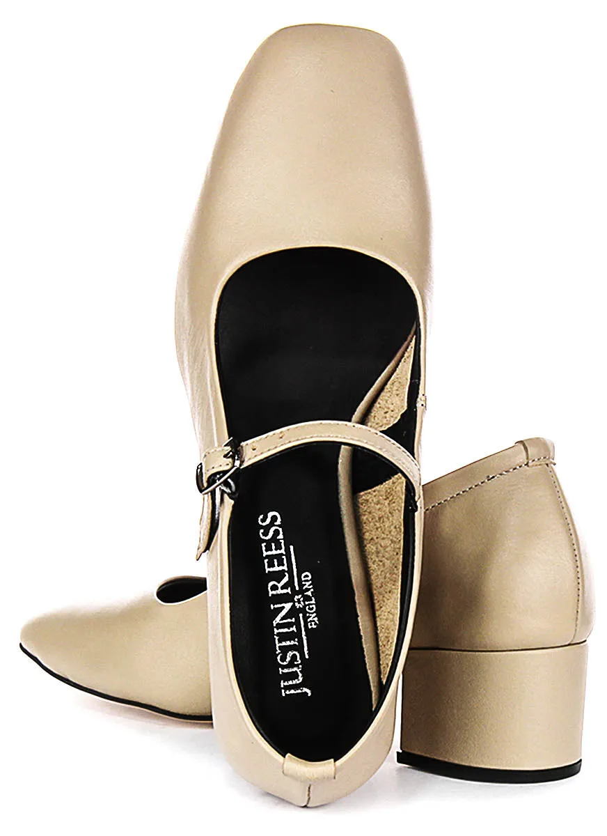 Justinreess England Kamila Square Toe Mary Jane Heel in Nude Leather