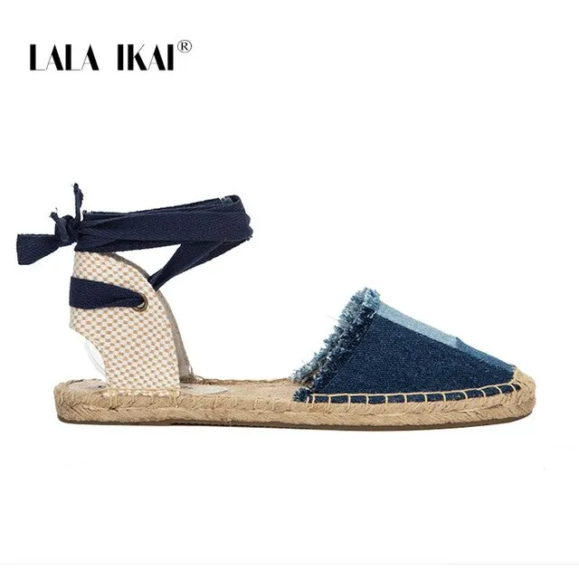 LALA IKAI Ladies Espadrille Shoes Canvas Patchwork Rome Ankle Strap Hemps Flats With Lightweight Shoes Women 014A1993 -4