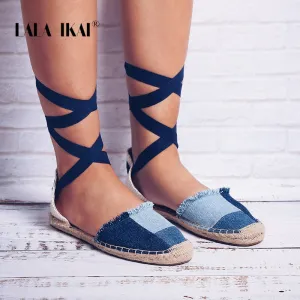 LALA IKAI Ladies Espadrille Shoes Canvas Patchwork Rome Ankle Strap Hemps Flats With Lightweight Shoes Women 014A1993 -4