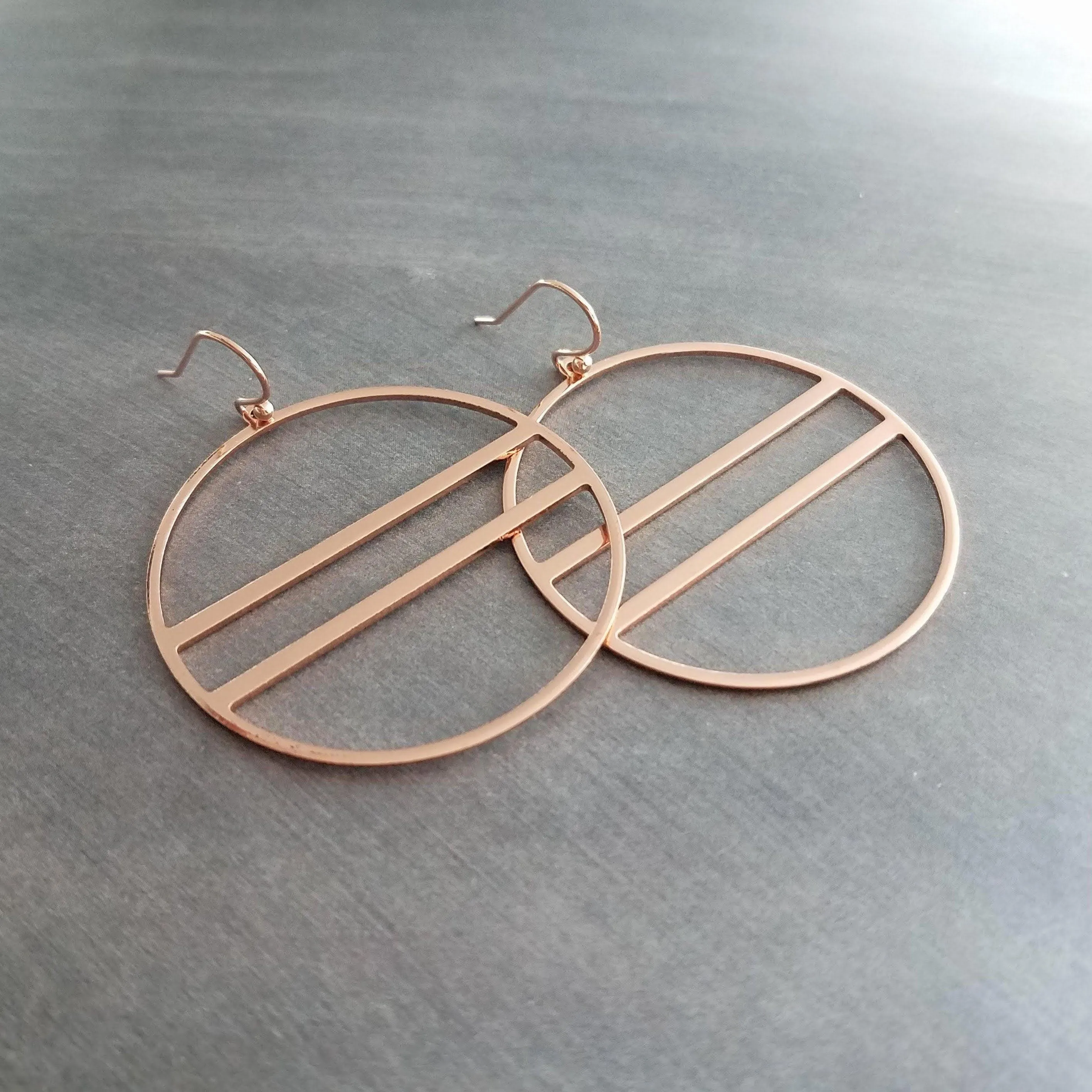 Large Rose Gold Circle Earrings, 2.25 inch hoop earring, big open circle, double lines circle, large lightweight earring, big round earring