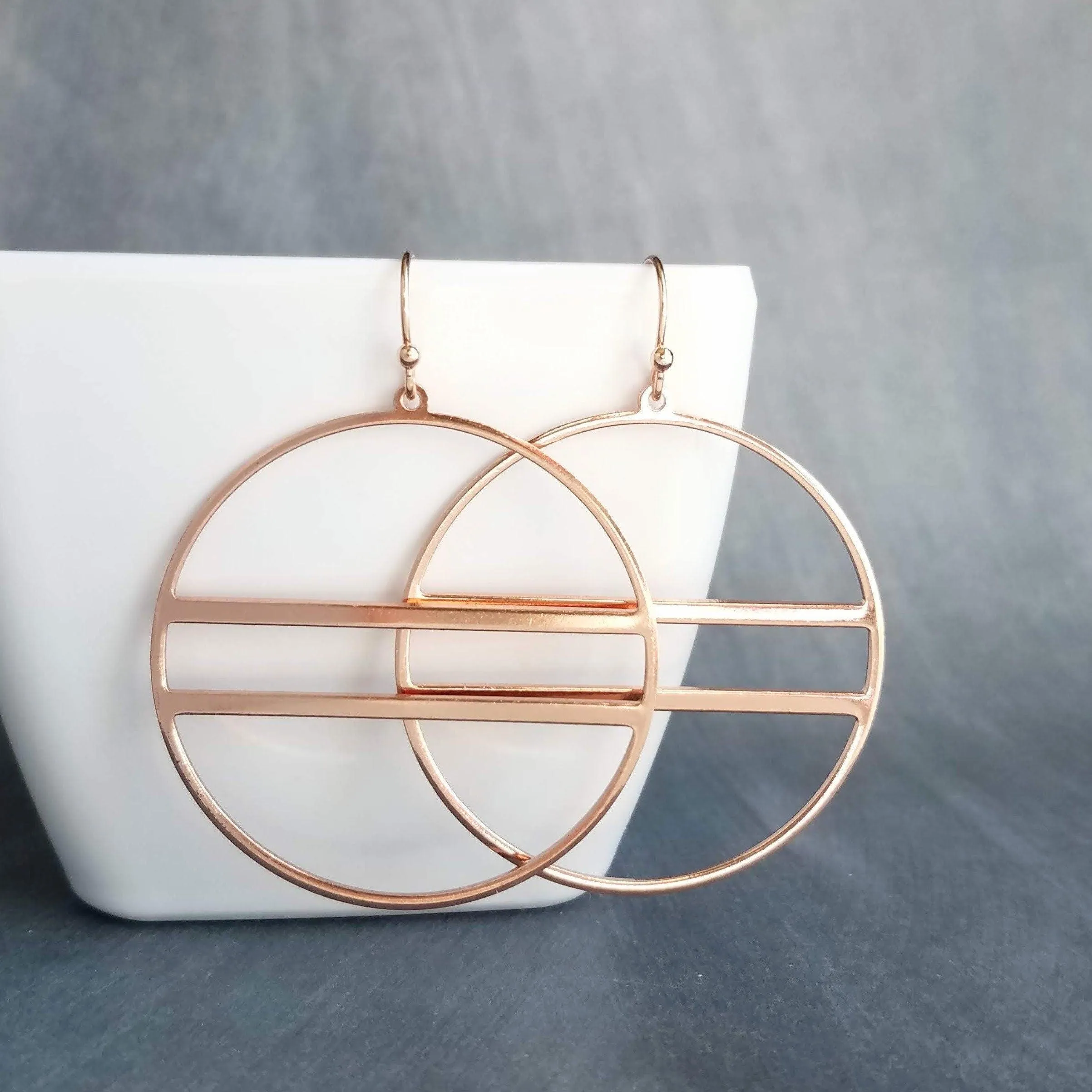 Large Rose Gold Circle Earrings, 2.25 inch hoop earring, big open circle, double lines circle, large lightweight earring, big round earring