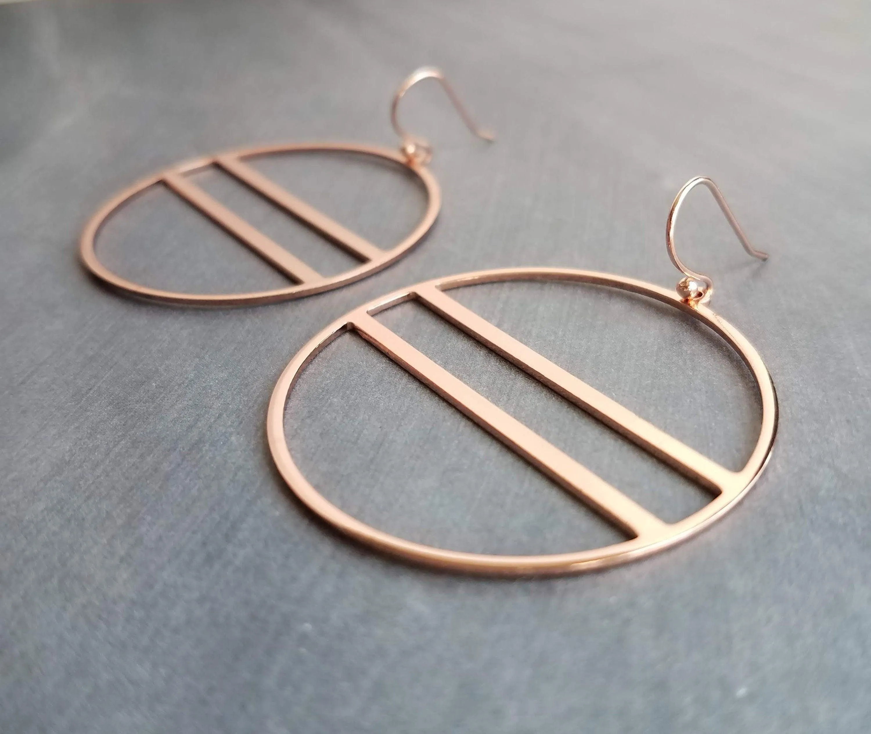 Large Rose Gold Circle Earrings, 2.25 inch hoop earring, big open circle, double lines circle, large lightweight earring, big round earring