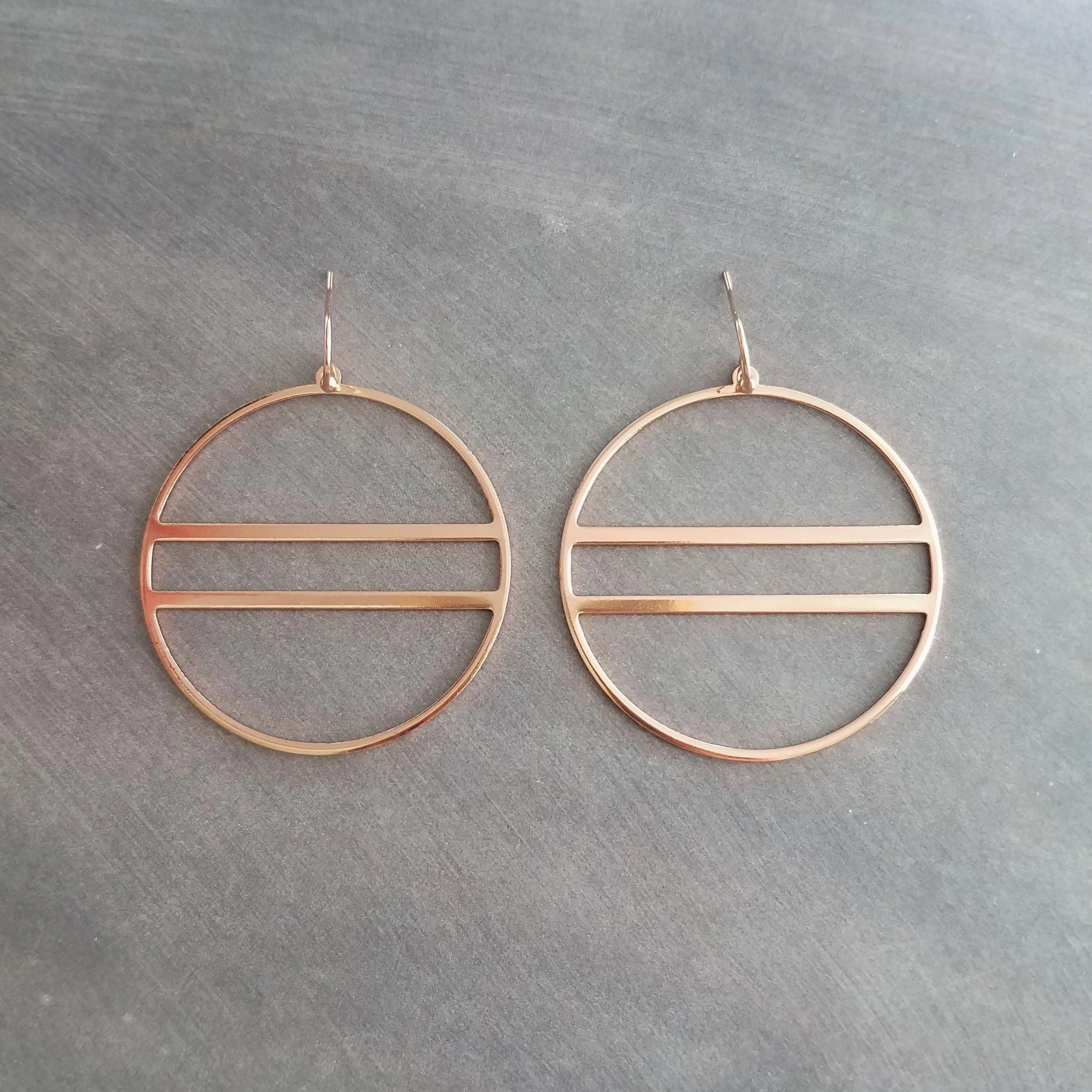 Large Rose Gold Circle Earrings, 2.25 inch hoop earring, big open circle, double lines circle, large lightweight earring, big round earring