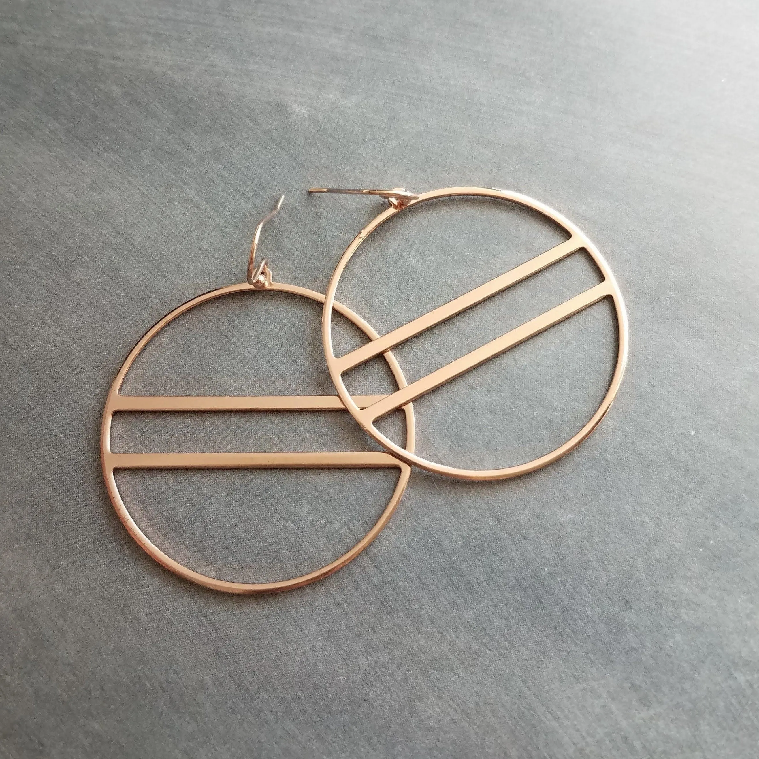 Large Rose Gold Circle Earrings, 2.25 inch hoop earring, big open circle, double lines circle, large lightweight earring, big round earring