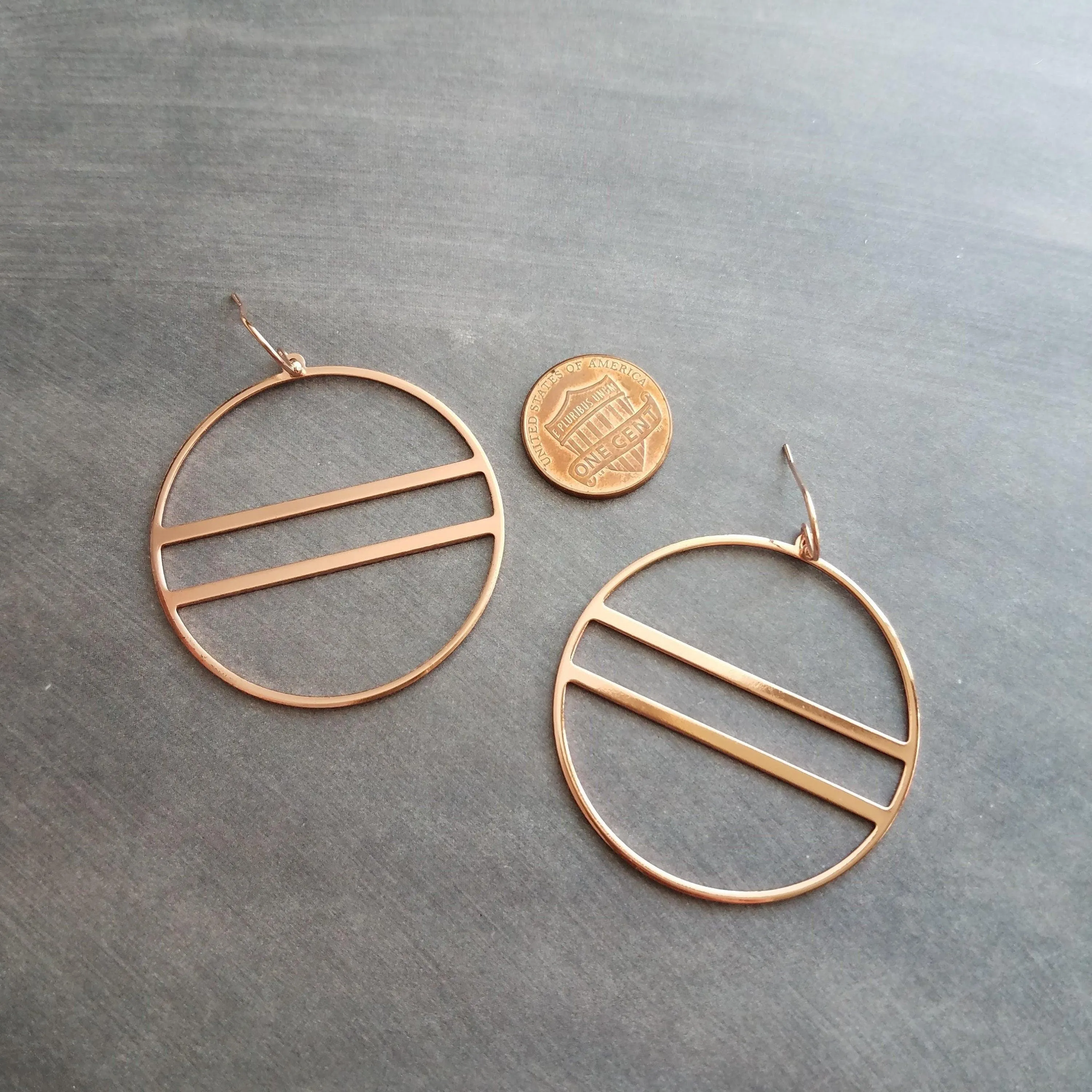 Large Rose Gold Circle Earrings, 2.25 inch hoop earring, big open circle, double lines circle, large lightweight earring, big round earring