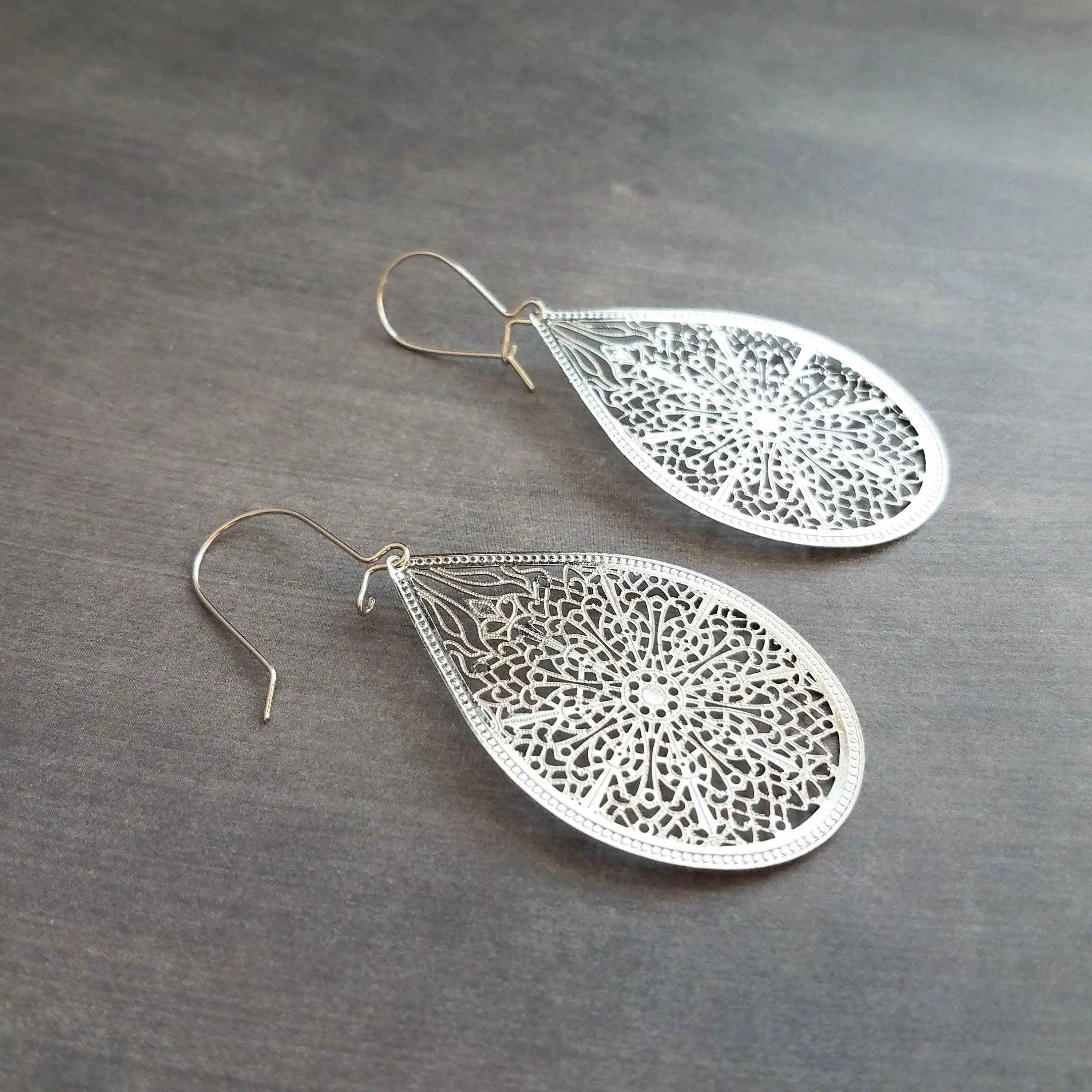 Large Silver Teardrop Earrings, silver filigree earring, statement earrings, large drop earring, cut out earring, big lightweight earrings